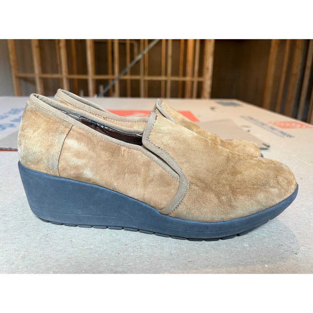 E 360 tan suede wedge ankle slip-on womens 9